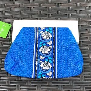 VB Straw Clutch Blue Bayou White Wooden Handle Frame Unique